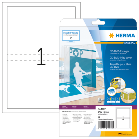 CD-DVD-Einleger von Herma, Packung mit 25 Stück, für die Gestaltung von CD-DVD-Covern, inklusive Softwarehinweis.