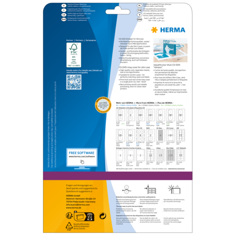 Rückseite einer Verpackung mit Informationen zu HERMA Produkten, einschließlich Softwarehinweis und Anwendungshinweisen.