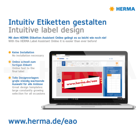 Intuitives Etikettendesign mit dem HERMA Etikettenassistenten. Keine Installation erforderlich, online schnell und einfach.